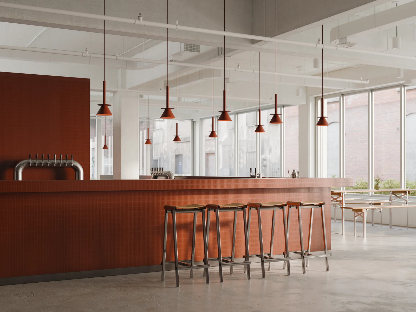 A bold restaurant space with a row of Figure pendants