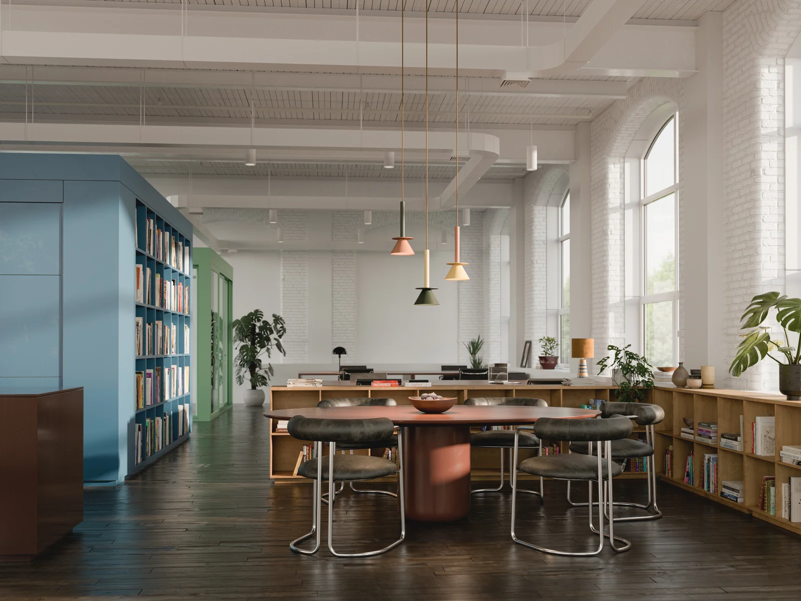 A colourful office lounge with a cluster of Figure pendants